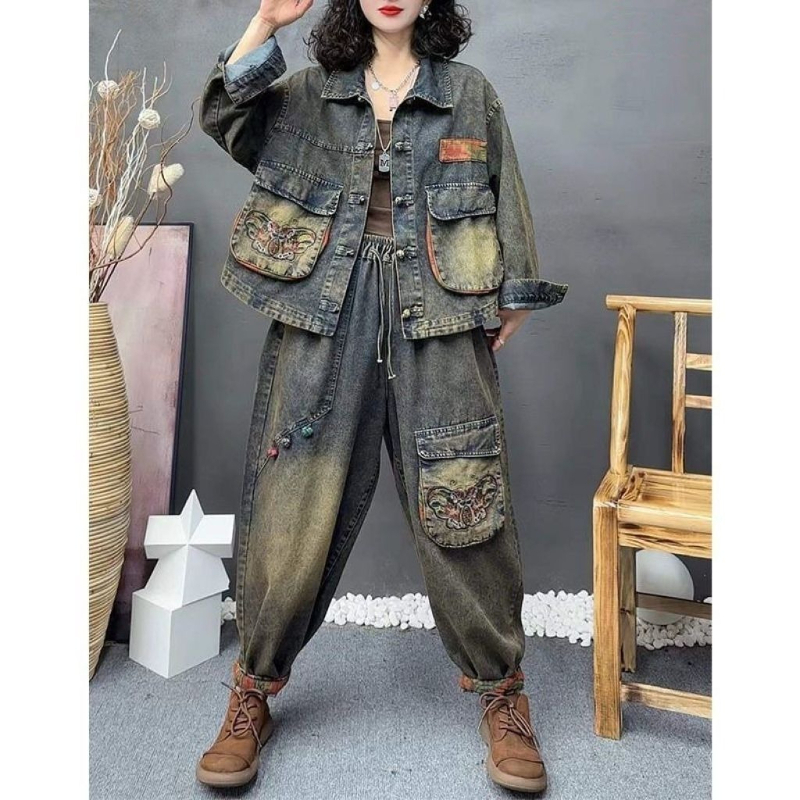 Women'S Fashion Denim Jacket - Retro Fashion Embroidered Cowboy Sets for