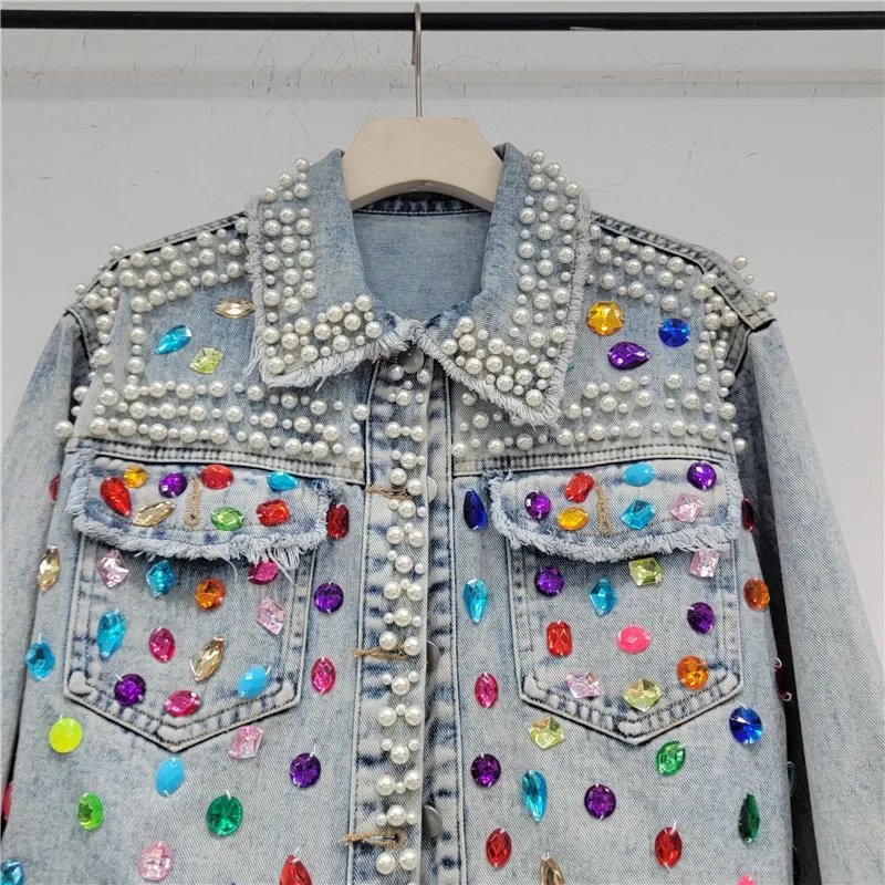 Women'S Fashion Denim Jacket - Autumn Women Fashion Pearl Beaded Diamond