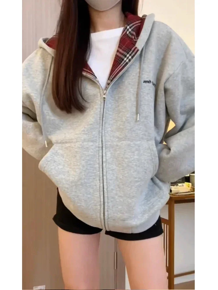 Women'S Fashion Zip Up Hoodies - Harajuku 90s Aesthetic Red Plaid Hoodies