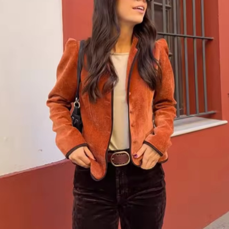 Velvet Blazer Women - Stand Collar Contrast Piping Trim Velvet
