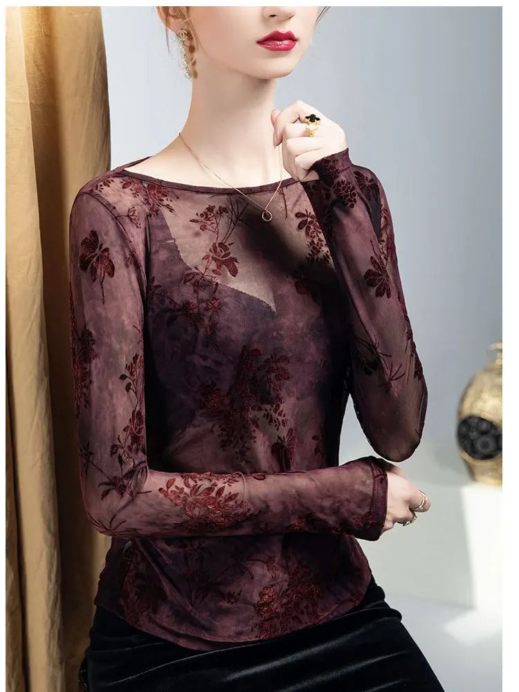 Women'S Fashion Trends Fall 2025 - Women's Round Neck Flocked Print Top,