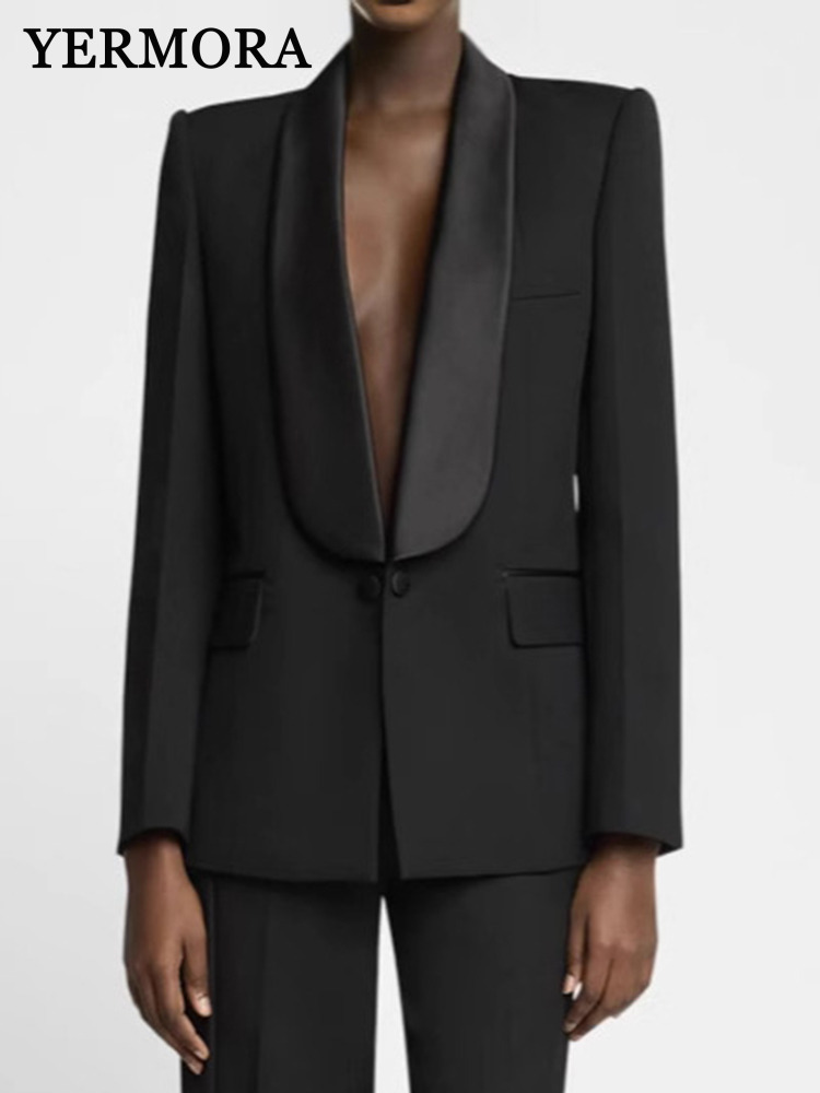 Velvet Blazer Women - YERMORA Black Slingle Button Casual Blazer