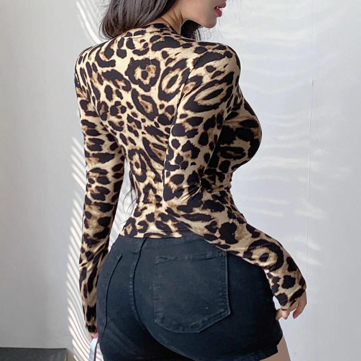 Women Leopard Print Zip Up Lon - Women'S Fashion Tops recension och pris